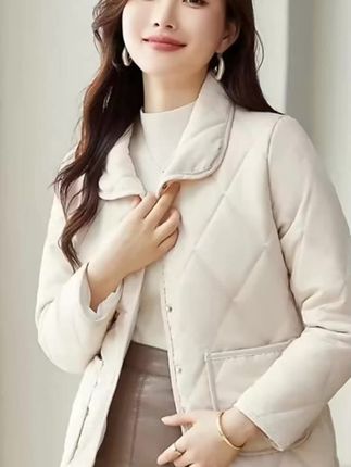 女士翻领棉服短款2025菱形格薄款夹棉秋冬外套棉衣32563