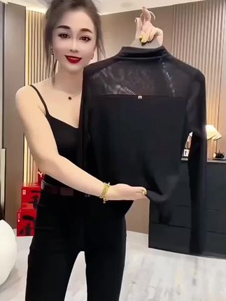 网红时尚半高领黑色网纱长袖打底衫洋气修身显瘦女士长袖打底衫#助手抖音
