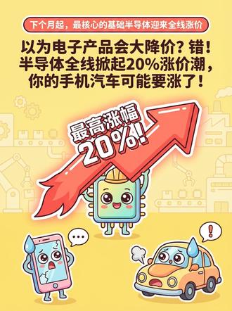 以为电子产品会大降价?错!半导体全线涨价潮 💡下个月起核心基础半导体将迎来全线涨价,最高涨幅达20%,打破了电子产品降价的预期,下游手机、汽车等终端价格或随之上调。
💡本轮涨价呈现反常识行情,面向家电、汽车的成熟制程老芯片领涨,先进制程涨幅低迷。
💡涨价源于厂商收缩老芯片产能、下游需求回暖的供需失衡,叠加金价暴涨推高成本,涨价压力最终传导至消费者,计划换车换手机的用户需提前调整预算。
#半导体