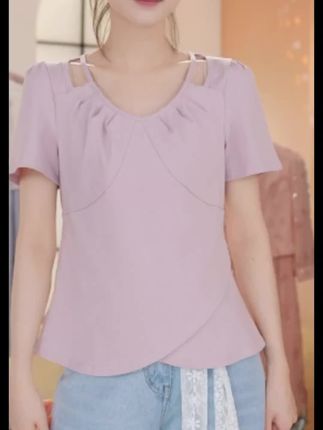 夏季圆领减龄短袖宽松小个子设计感T恤上衣女#洋气减龄#穿出自己的风格 #穿出自信穿出美丽 #好看又精致#美出高级感