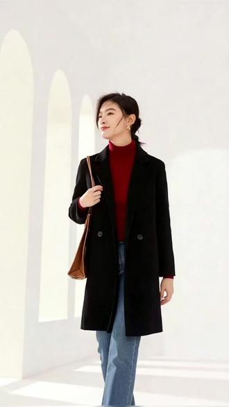 穿上这件羊毛大衣,冬天再也不怕冷风了! #粉彩风 #百大春装出道了 女中长款羊毛大衣纯色双面呢西装外套双排扣修身上衣气质简约百搭