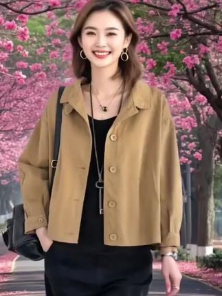 100%纯棉短外套女秋季新款文艺复古纯色长袖短款夹克宽松翻领上衣