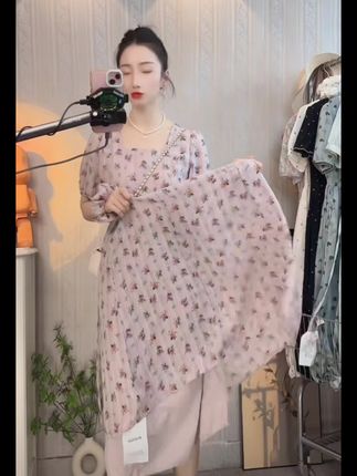 【有口袋】夏季新款方领显瘦中长款时尚设计感高腰短袖连衣裙6002