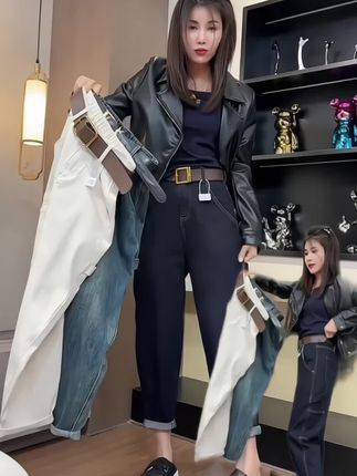 工装哈伦牛仔裤女2025年秋季新款小个子弹力显瘦老爹裤#穿出自己的风格 #穿搭