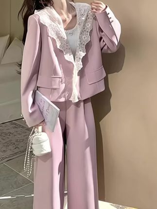 法式温柔轻职风西装套装女2025早秋新款蕾丝拼接上衣阔腿裤两件套#穿出高级感 #优雅气质 #美搭尽显女神范 #春秋新款 #时尚气质穿搭