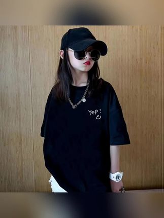女童短袖T恤2025新款中大夏季宽松纯棉字母印花黑色半袖上衣潮#潮童必备 #童裝 #纯棉短袖 #童装搭配 #短袖T恤