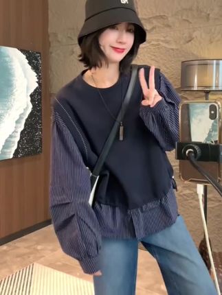 艾塔莉休闲风秋季上衣假两件韩版衬衫洋气百搭拼接宽松百搭INS风#秋季微胖穿搭测评 #早秋穿搭三分钟出门不是梦 #显瘦穿搭 #洋气减龄 #穿搭