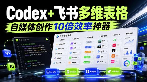 Codex +多维表格:自媒体10倍效率神器 以前我要花几小时的工作,现在用codex+飞书多维表格30分钟搞定
#自媒体工具 #AI #codex #多维表格