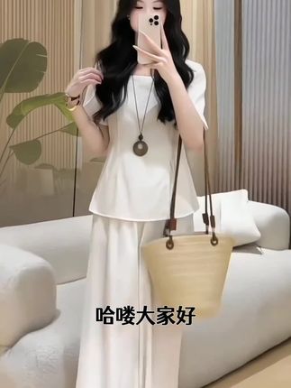 小个子时尚气质套装女2025年夏季新款方领开叉上衣阔腿长裤两