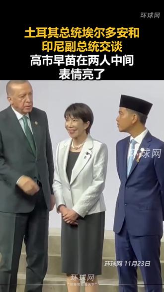 土耳其总统埃尔多安和印尼副总统交谈,高市早苗在两人中间表情亮了