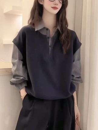 秋季大码女装假两件拼接格子长袖衬衫#假两件拼接格子长袖衬衫