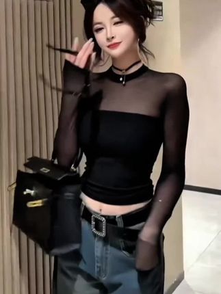 早秋新款性感辣妹风网纱长袖内搭修身显瘦洋气百搭上衣女#辣妹穿搭 #好身材好气质 #爱了爱了