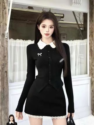 法式纯欲辣妹针织长袖上衣套装女设计感小众拼接上衣半身短裙春秋#穿搭 #谁穿谁好看 #抖音小助手 #好穿又好搭 #显瘦穿搭