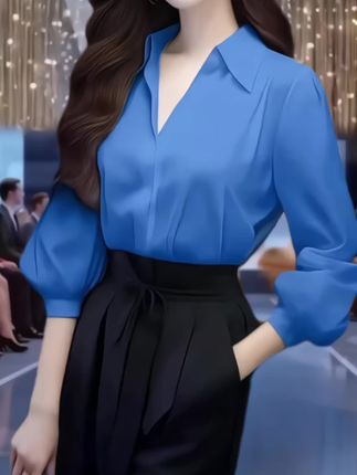 今年流行漂亮法式小众别致蓝色长袖衬衫上衣裤子套装#品质套装#高级感穿搭#时尚穿搭#创作灵感