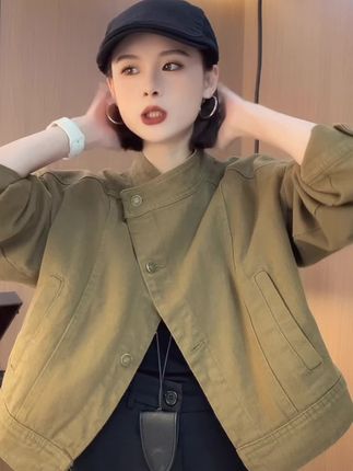 复古咖色牛仔短外套2025早秋新款宽松立领工装夹克上衣外套女