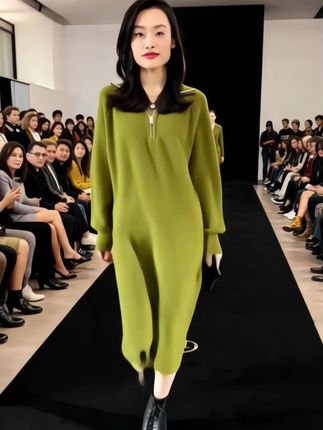 秋冬新款V领#大码针织连衣裙#女中长款拉链高领长裙宽松腰2025柔软A#连衣裙