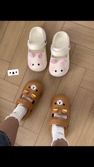可爱呆萌轻松熊包头拖女款卡通少女心网红外穿厚底软底防滑洞洞鞋