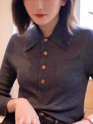 纯色翻领套头气质上衣百搭显瘦长袖针织衫洋气御姐POLO领上衣女