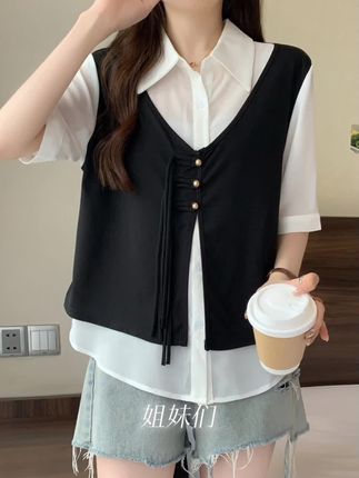 大码女装2025夏季新款时尚设计感假两件衬衫显瘦宽松上衣63140#00后统一模式 #2024再见2025加油 #温岭赶海 #杀马特的年代