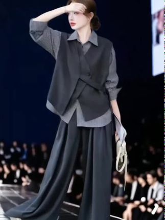 韩系设计感不规则马甲条纹衬衫长裤2025春秋新款#松弛感ins三件套#时尚休闲百搭 #气质显瘦减龄