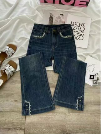 少量现货·蕾丝牛仔裤女秋季新款高腰修身显瘦弹力喇叭裤子女S2598
