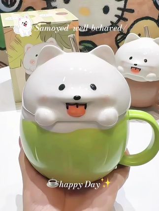 Samoyed🐶萨摩和椰椰的碰撞简直太治愈了✨ #夏天的味道 #萨摩耶 #陶瓷杯 #高颜值水杯 #礼物挑选指南