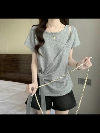 女装遮肚子不规则绑带正肩短袖T恤显瘦遮肉别致上衣#夏天该有的样子 #穿搭分享每一天 #我又心动了 #完美搭配 #与众不同