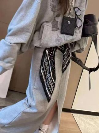 SP 前开叉灰色抽绳卫裙女秋季宽松百搭中长款半身裙半裙