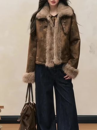 美拉德皮毛一体外套女冬2025网红爆款洋气时髦短款翻领小个子皮草#个性穿搭 #高端大气 #高级感穿搭 #贵族气质 #皮衣搭配