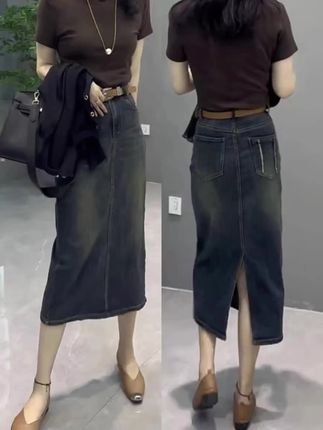 大码女装牛仔半身裙子2025年秋季新款开叉包臀裙梨形身材微胖穿搭#女装 #半身裙#牛仔裙