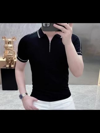 欧货轻奢短袖POLO男士针织冰丝半袖T恤拉链夏季修身条纹翻领上衣#夏季新款#修身显瘦#帅气十足@DOU+小助手 @电商小助手