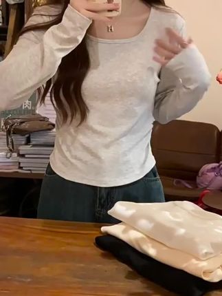 熟风正肩设计感长袖t恤女2025秋季新款弧形下摆显瘦打底衫上衣#穿出高级感 #极简穿搭 #慵懒风穿搭 #百搭上衣 #高级感穿搭