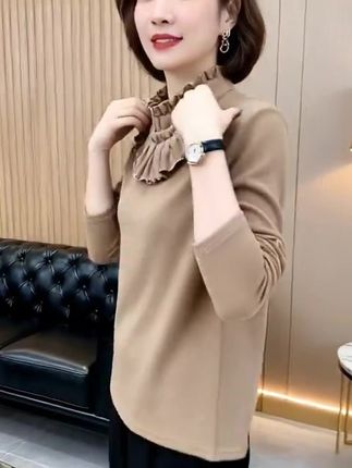 时尚双面德绒花边立领纯色打底衫秋冬款洋气中年妈妈显瘦百搭上衣#每日分享 #女装穿搭 #街拍小姐姐穿搭秀 #靓丽针织衫