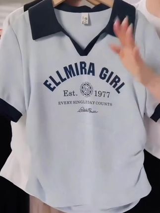 9076女童短袖t恤V领POLO夏季上衣打底收腰短款亲子2025新款大童