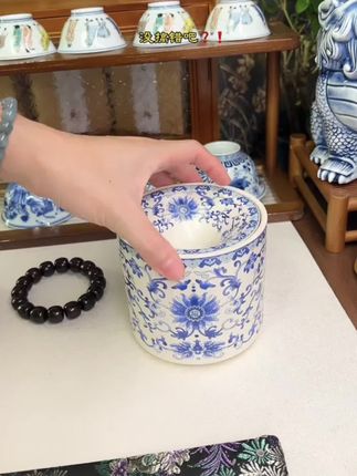 汝窑国风青花缠枝莲漏斗烟灰缸带盖防飞灰茶渣缸水盂杯洗家用配件#茶生活 #茶器之美 #古玩收藏 #瓷器收藏 #非遗文化传承