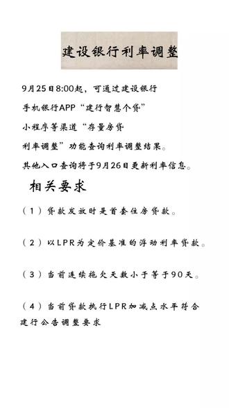 9月25日8:00起,您可通过手机银行APP、“建行智慧个贷”小程序等渠道“存量房贷利率调整”功能查询利率调整结果。其他入口查询将于9月26日更新利率信息。#利率下调 #建设银行