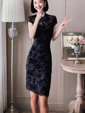 黑色收腰复古旗袍中式日常中国千金清冷感贵系衣服女装短裙气质#时尚穿搭 #时尚中国风 #谁穿谁好看 #品味穿搭 #夏季新款