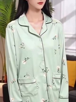 睡衣女款春秋季纯棉翻领长袖长裤居家套装新款舒适大码舒适家居服#热点榜