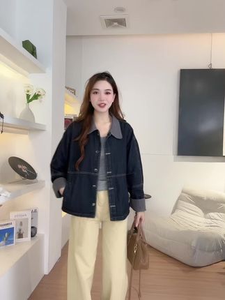 复古拼接水洗牛仔外套女翻领2025秋季新款韩系宽松休闲夹克上衣女#上衣 #外套 #韩系外套 #韩版外套 #宽松外套
