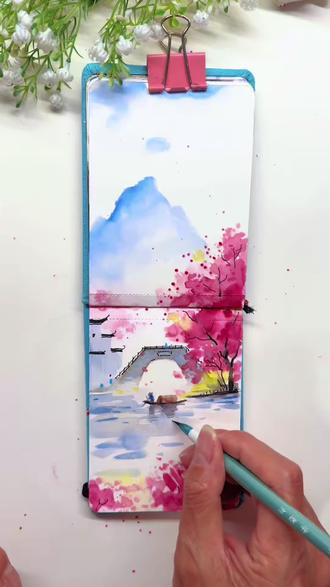 一幅治愈系国风小清新的春天画卷 #春天的色彩 #小清新治愈系画作分享 #绘画过程 #水彩画 #国风古韵 @抖加🔥上热门🔥dou+🔥热点宝 @抖音艺术 春天的色彩是唯美的,阳光明媚的,治愈人心的,分享一幅小清新国风治愈系水彩,描绘这春天的色彩,小桥流水、桃花盛开,渔船上的老人摇着橹,划开水面,荡起一道道涟漪,一幅唯美的江南春色画卷展现在面前!
