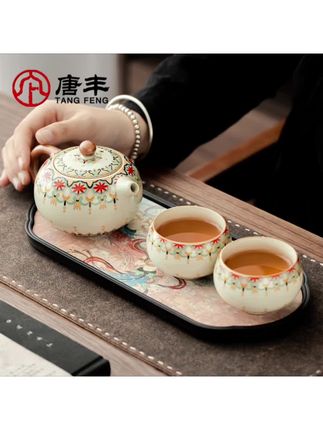 唐丰敦煌汝窑宝相花一壶两杯二人茶具小套宿舍酒店简易泡茶专用 #茶生活 #茶器之美 #茶具 #汝窑 #茶壶茶具