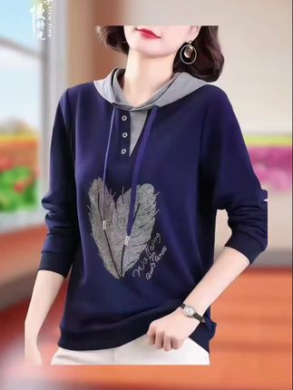 啄木鸟纯棉连帽长袖T恤女春秋新款妈妈装 #显瘦穿搭 #谁穿谁好看系列 #宽松百搭