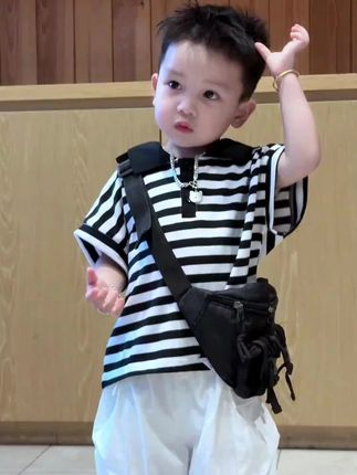条纹polo衫男童条纹无袖裤子两件套2025夏季新款儿版宽松上衣套装