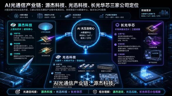AI光通信产业链:源杰科技、光迅科技、长光华芯三家公司定位 源杰科技 (YUANJIE TECHNOLOGY)
产业链“进攻核心”,深耕上游InP光芯片。大功率硅光CW光源及100G/200G EML行业领先。产销率极高,订单排至2027年。其硅光高速率激光器芯片全球市占率23.6%居第二,光通信“纯度”最高。
光迅科技 (ACCELINK TECHNOLOGIES)
产业链“稳健核心”与压舱石。具备全品类平台优势,提供从器件到子系统的全栈方案。积极定增扩产高端800G/1.6T模块应对交期紧张,部分订单延至2028年。全球光器件市占率5.9%居第五。
长光华芯 (EVERBRIGHT LASER)
定位“卫星观察”的半导体激光芯片商。国内高功率工业激光芯片优势显著(市占率13.41%)。光通信领域100G EML批量交付,正验证200G EML并布局硅光产线(预计2027年投产),适合小仓位观察。