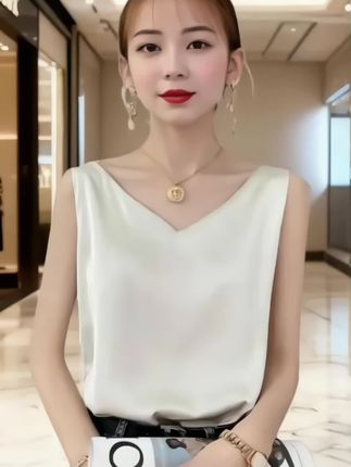 米白色缎面无袖V领背心,质感细腻,简约又显高级。可单穿可叠搭,搭配牛仔裤,轻松打造出日常又不失精致的穿搭风格,适配多种场合。#早秋穿搭公式来了#如果上班都穿流光高智风#早秋不费力显贵穿搭#微胖女生怎么穿出早秋氛围感#高个子女生的早秋穿搭
