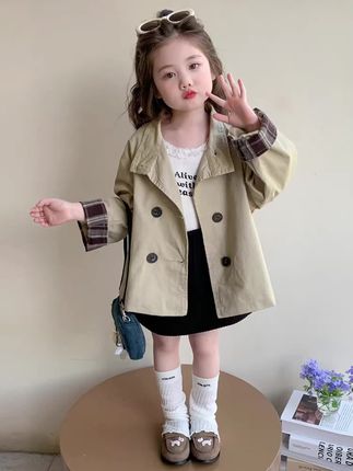 女童春秋季格子袖风衣外套#女童格子风衣外套