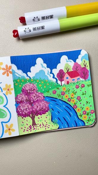丙烯马克笔画春天小风景🖌️:慕多星丙烯马克笔,📒:慕多星翻翻乐#跟着抖音学画画#艺术在抖音#丙烯马克笔绘画#慕多星丙烯马克笔#治愈系