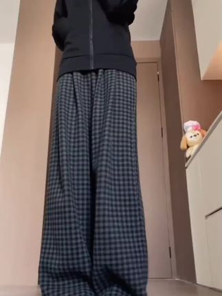 冬季加绒格子西装阔腿裤女小个子大码显瘦高腰宽松直筒休闲裤