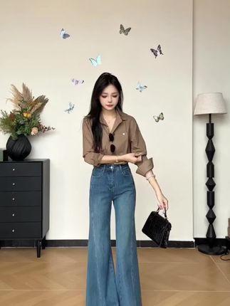 乔栈极简风气质宽松微喇牛仔裤女秋季高腰显瘦掐腰不贴腿喇叭长裤#喇叭裤 #女装 #穿搭 #气质穿搭 #秋季穿搭