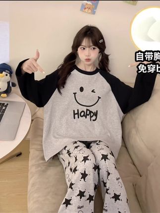 自带胸垫睡衣女春秋季长袖学生大童12-13-14-15岁女孩家居服套装#甜美穿搭 #睡衣家居服 #家居服套装 #睡衣套装 #春秋新款